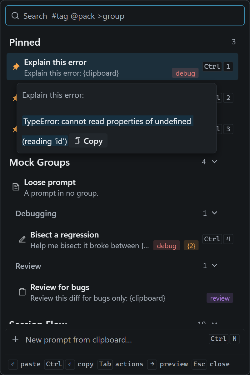 The Promptline popup: a search box, pinned prompts with Ctrl+1..3 slots, packs with their groups, and a preview card showing a prompt with the clipboard already substituted for {clipboard}