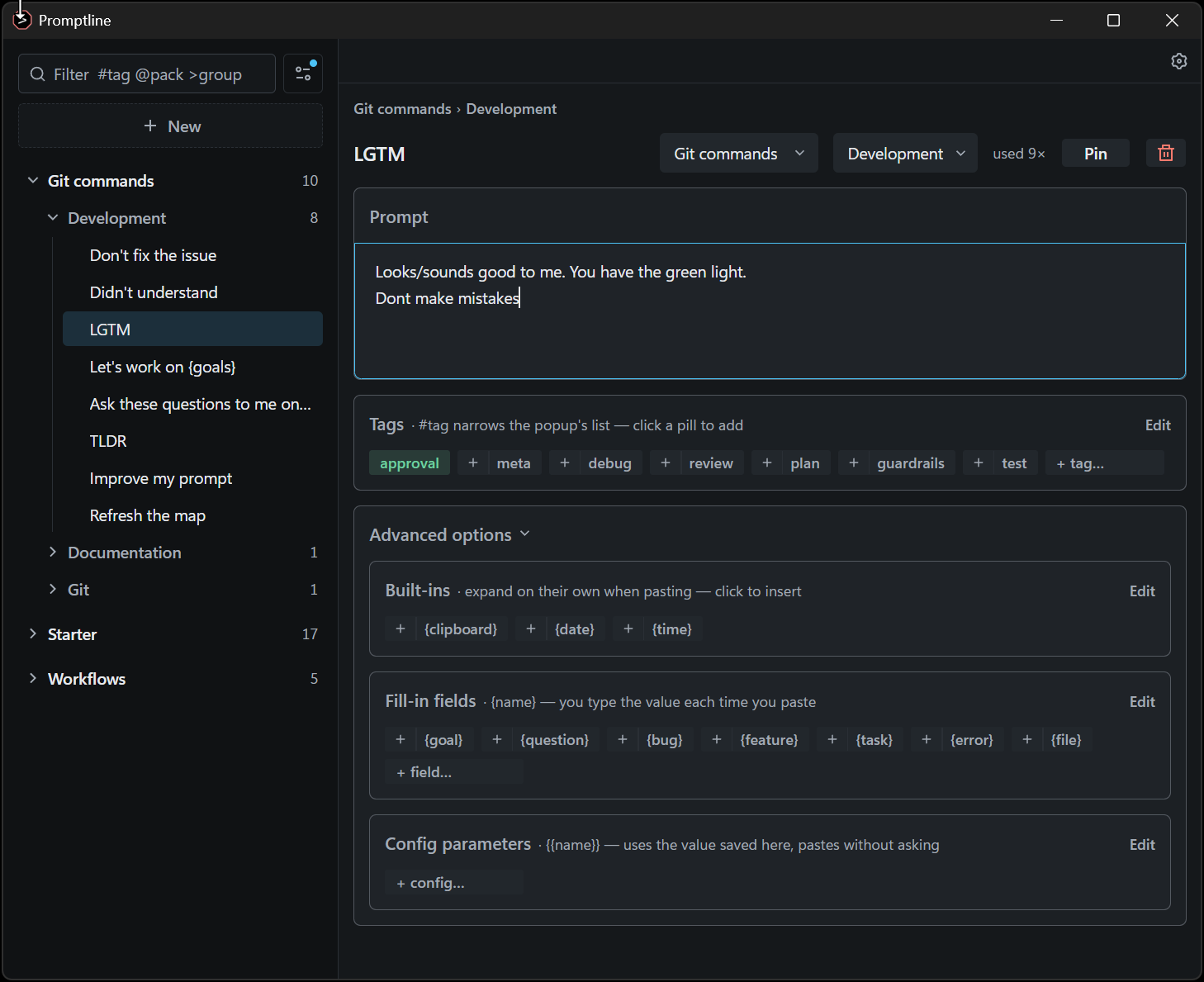 The Promptline editor for one prompt: its text, tag pills, and Advanced options listing built-ins, fill-in fields and config parameters