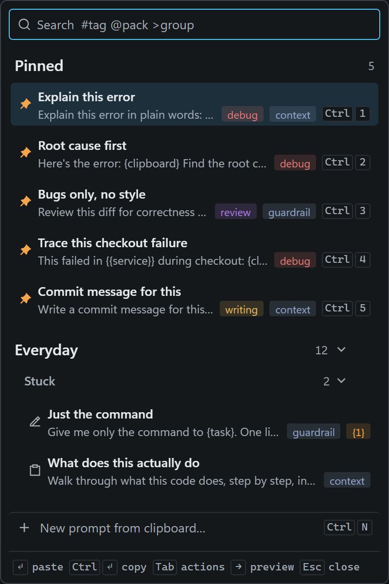 The popup: a search box, five pinned prompts with Ctrl+1 to 5, and the Everyday pack with its Stuck group