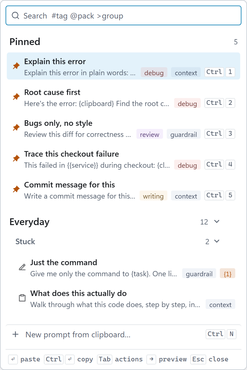 The popup: a search box, five pinned prompts with Ctrl+1 to 5, and the Everyday pack with its Stuck group
