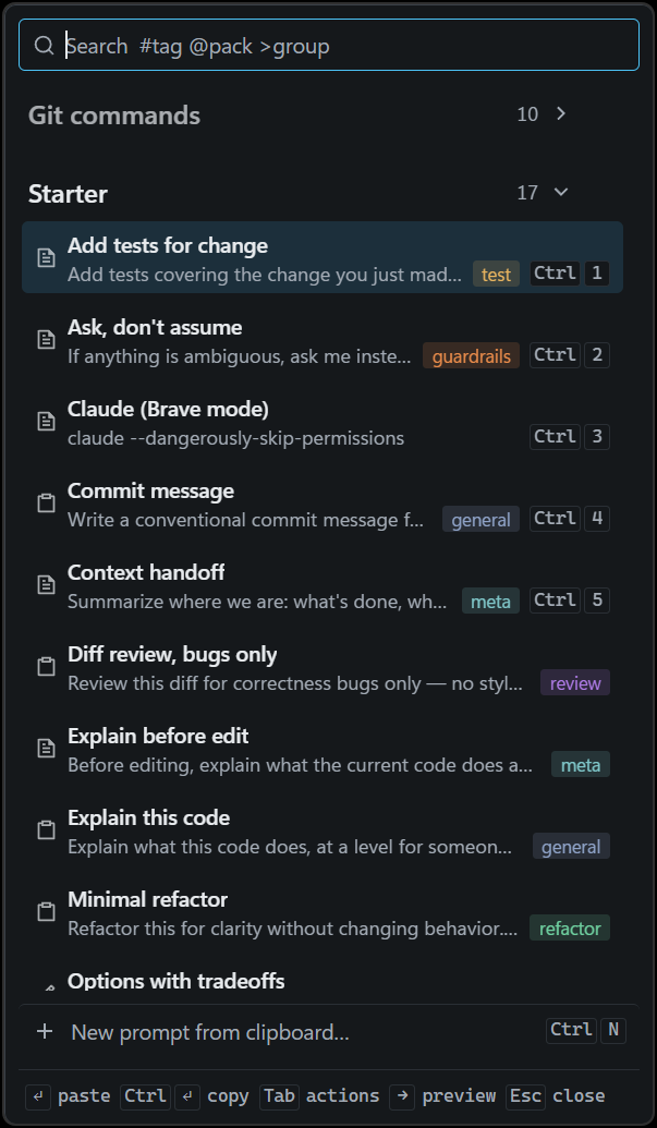 The Promptline popup: a search box, a pack of prompts with tags, pinned prompts on Ctrl+1 to 5, and a hint bar