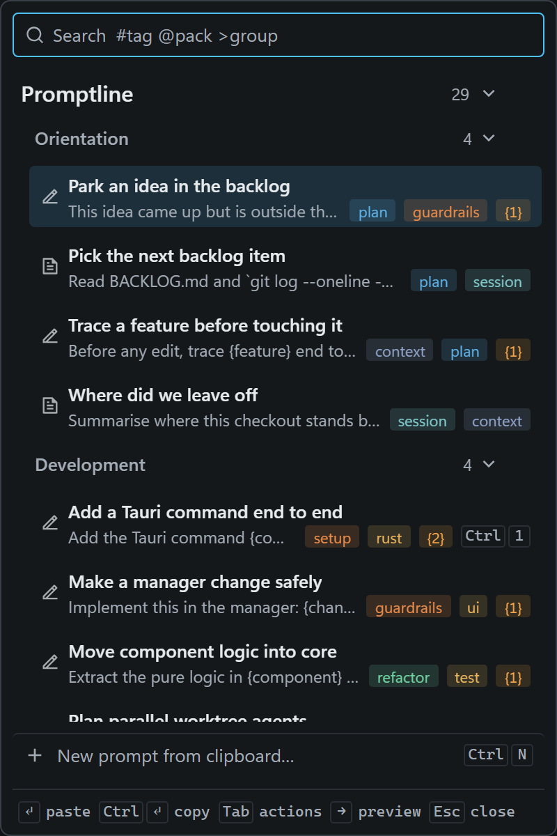 The popup showing the Promptline pack, 29 prompts: the Orientation group with Park an idea in the backlog, Pick the next backlog item, Trace a feature before touching it and Where did we leave off, then the Development group