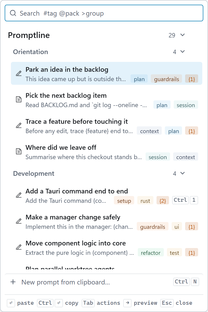 The popup showing the Promptline pack, 29 prompts: the Orientation group with Park an idea in the backlog, Pick the next backlog item, Trace a feature before touching it and Where did we leave off, then the Development group